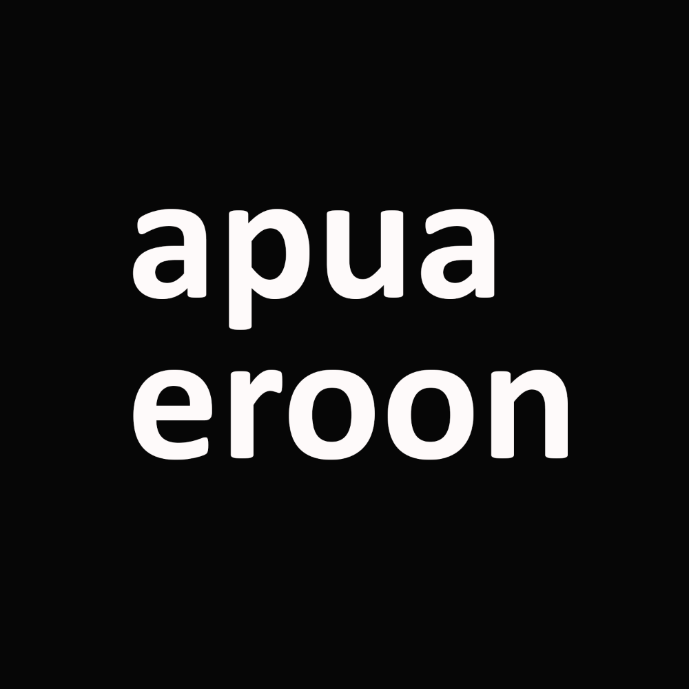 Svart ruta med vit text: apua eroon. Länken leder till webbsidan Apua eroon.