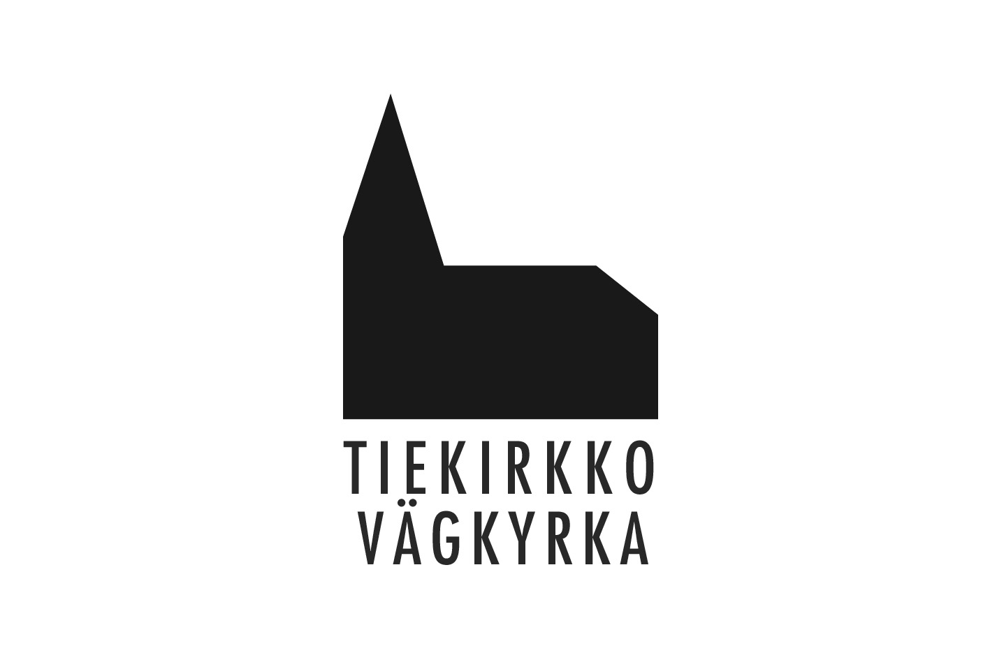 Garfik med svart kyrka och texten Tiekirkko Vägkyrka.