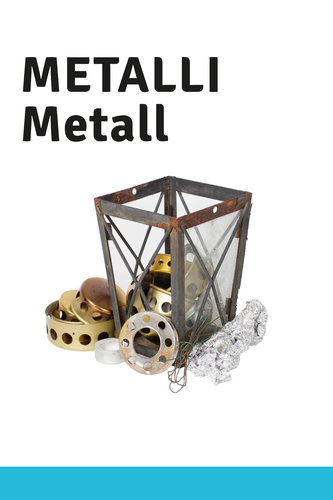 Söndrig metalldel från lykta och lock från gravljus. Text: metalli, metall.