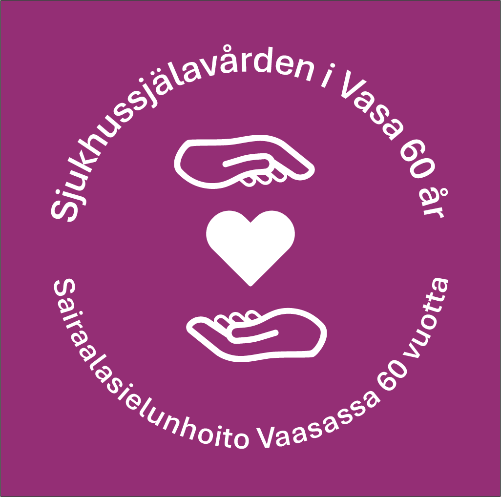 Händer och hjärta. Text: Sjuhkussjälavården i Vasa 60 år, sairaalasielunhoito Vaasassa 60 vuotta.